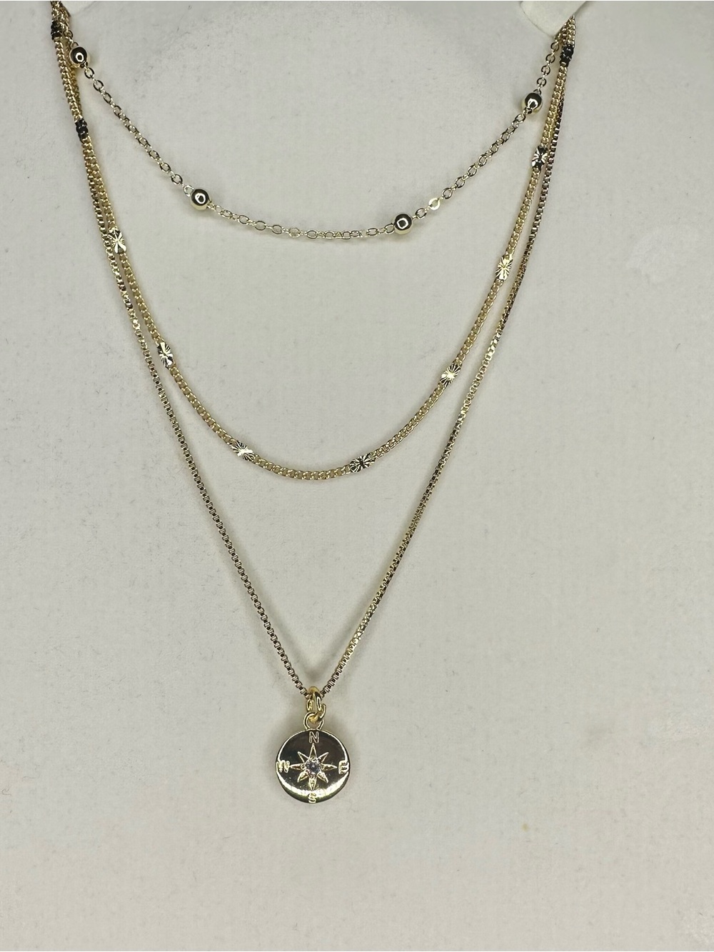 Gold Plated Layered Necklace Set Compass Pendant 3 Piece New - Picture 1 of 9